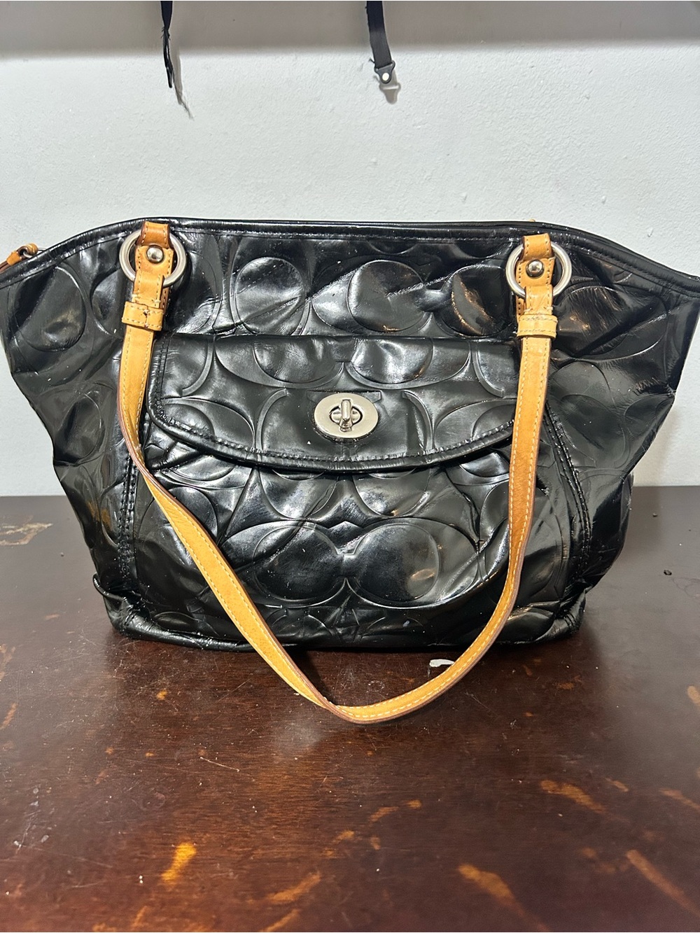 Coach Black Quilted Shoulder Bag with Tan Straps
